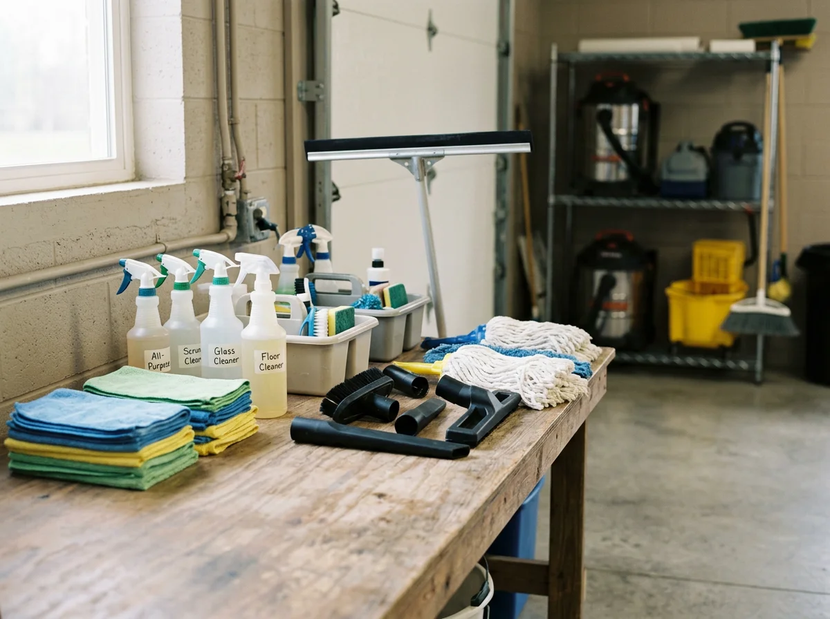 Professional cleaning supplies and equipment arranged on a work surface, ready for service.