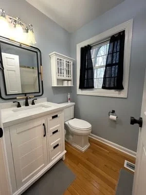 Clean bathroom with white vanity, gray walls, hardwood floors, and organized fixtures