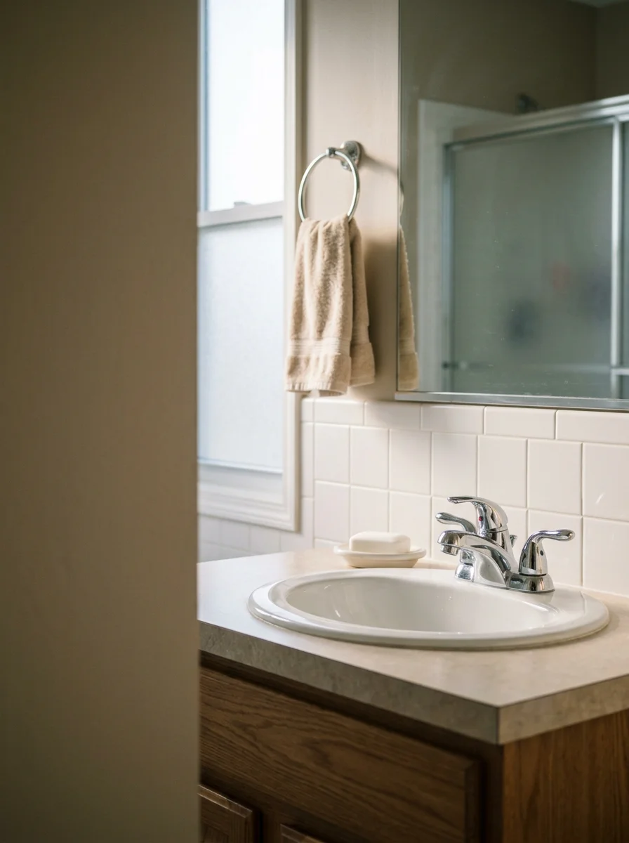 Bathroom in a 1990s Avon Indiana subdivision home with scrubbed tile grout and polished chrome fixtures.