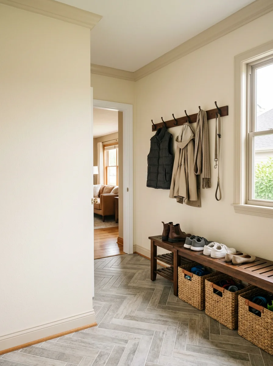 Mudroom entry in a Brownsburg Indiana single-family home cleaned and organized after a professional recurring cleaning visit.