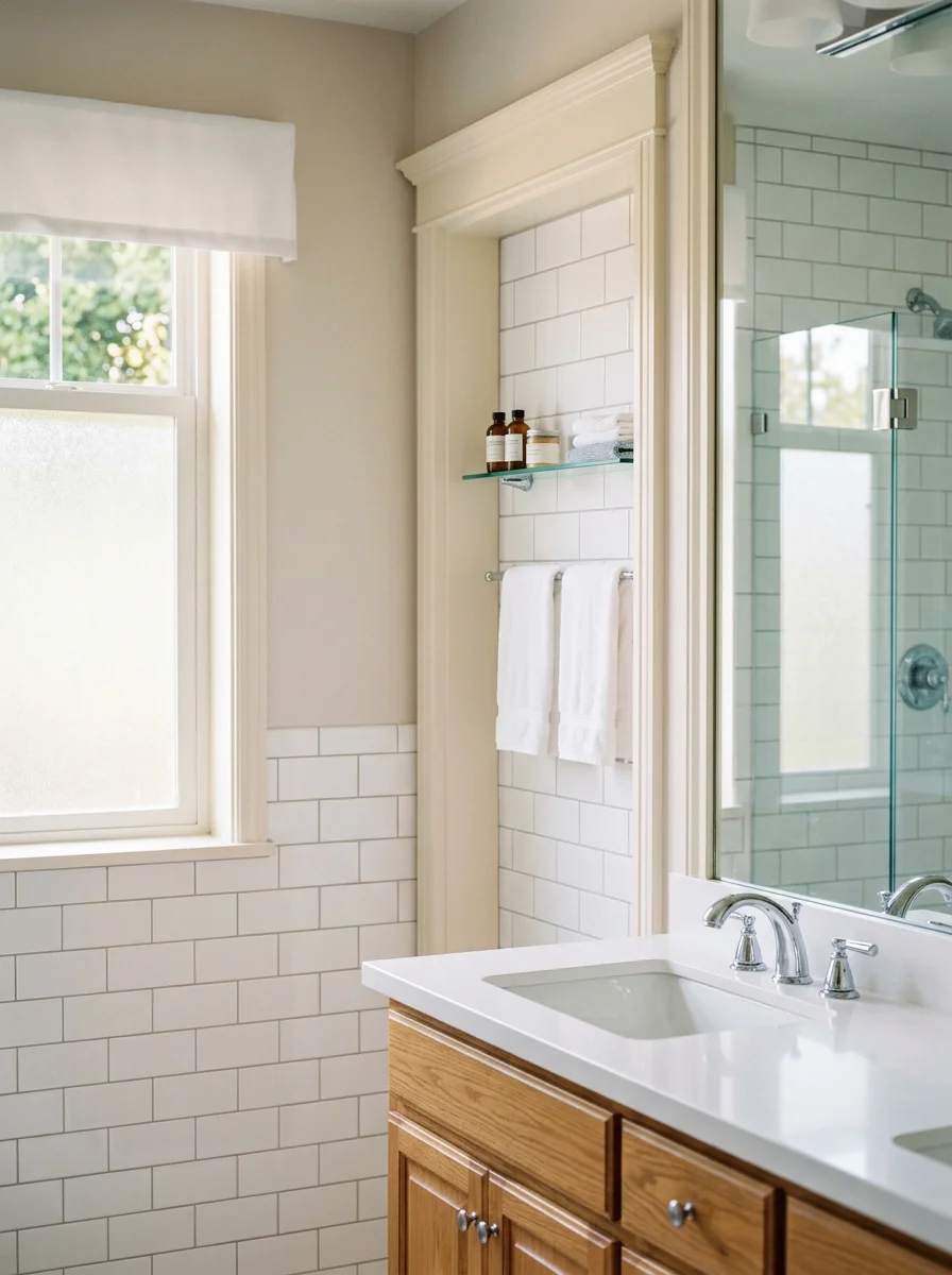 Tiled master bathroom in a 1990s Carmel subdivision home with freshly scrubbed grout lines and clean fixtures.