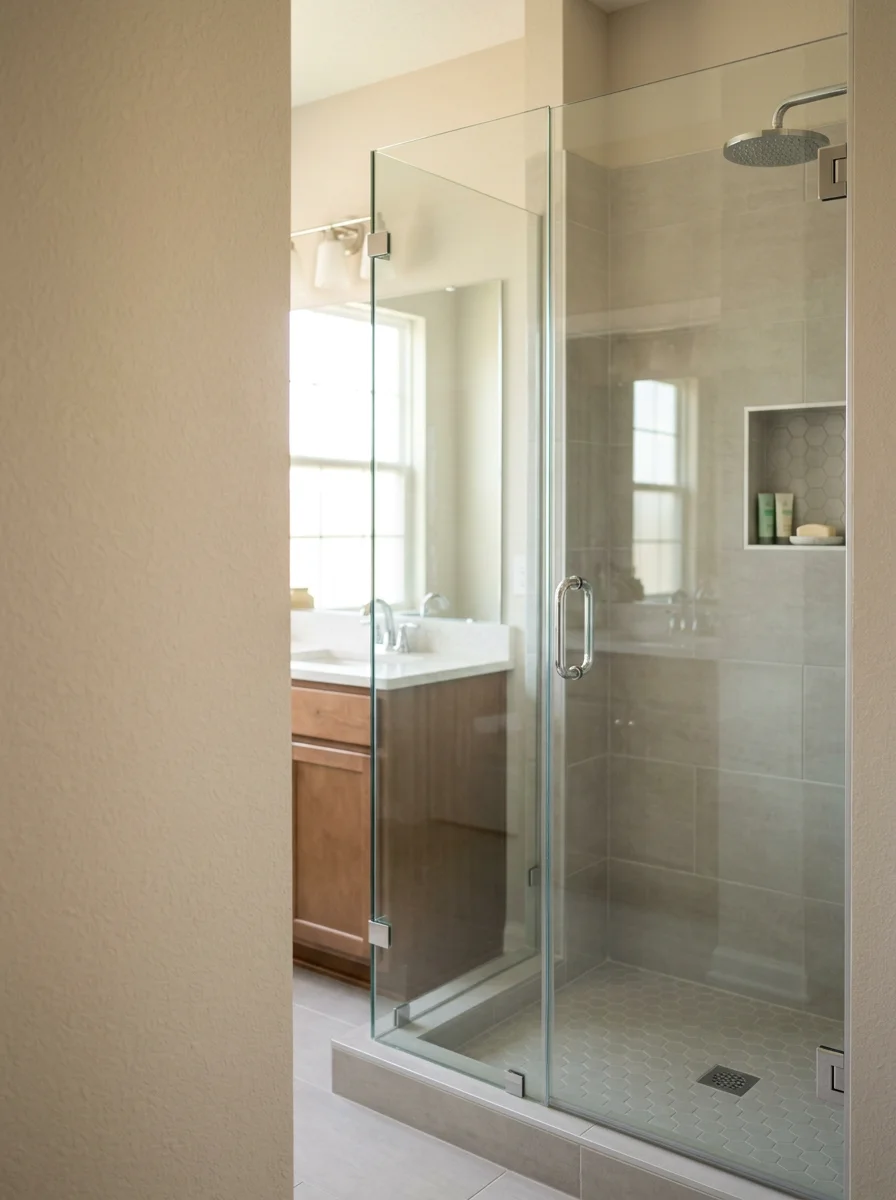 Frameless glass shower enclosure in a Fishers Indiana home cleaned to remove hard water spots and soap residue.