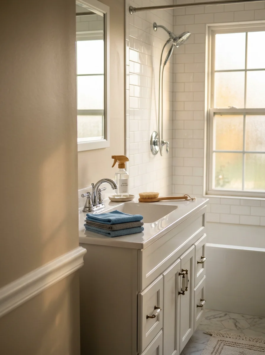 Clean bathroom in a Center Grove area Greenwood home with freshly scrubbed tile and polished fixtures.