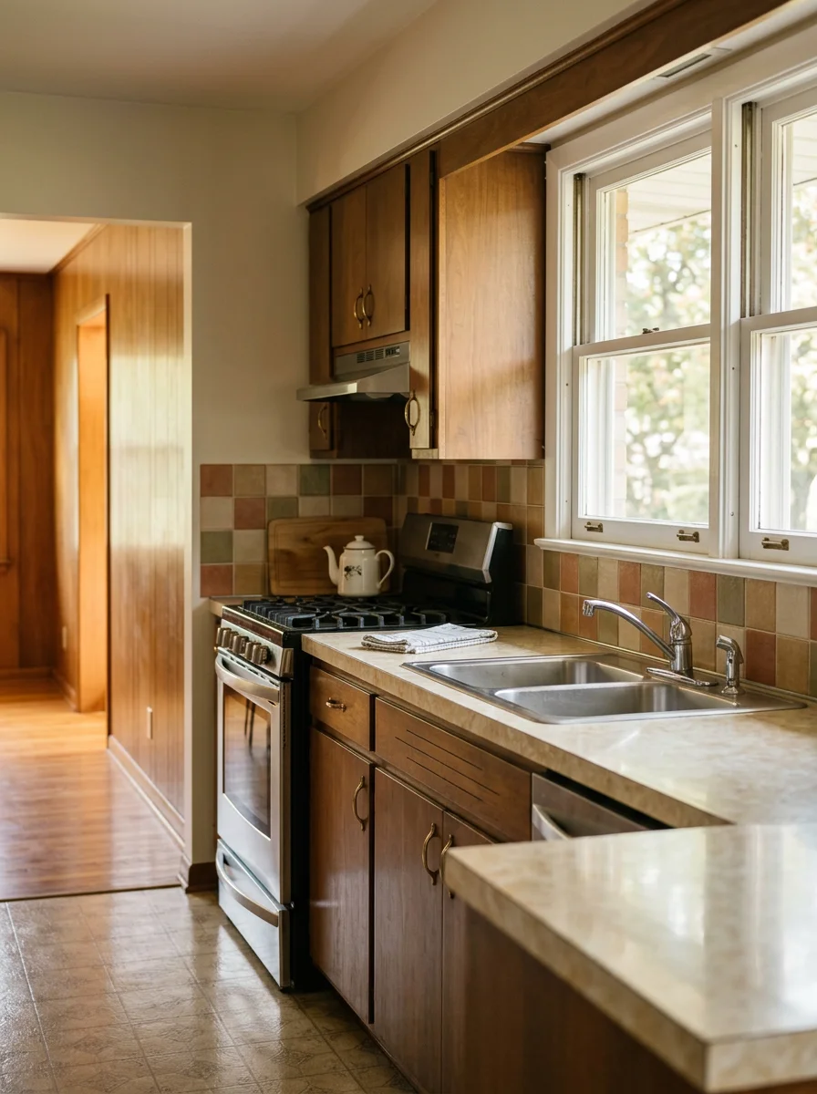 Clean kitchen in a mid-century Indianapolis ranch home with laminate countertops and freshly scrubbed appliances.
