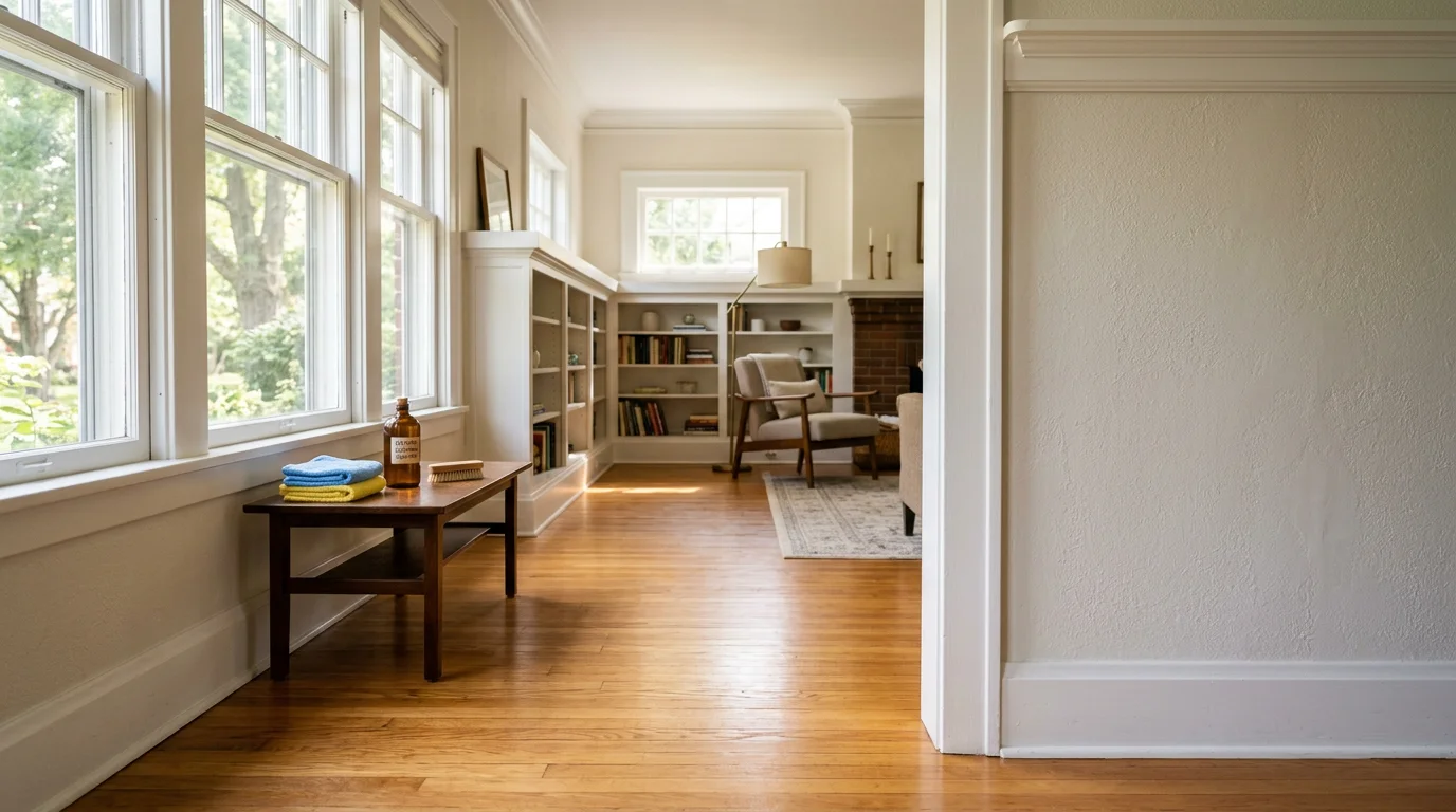 Interior of a 1920s craftsman bungalow in Indianapolis being cleaned, with original hardwood floors and white trim visible in a bright living room.