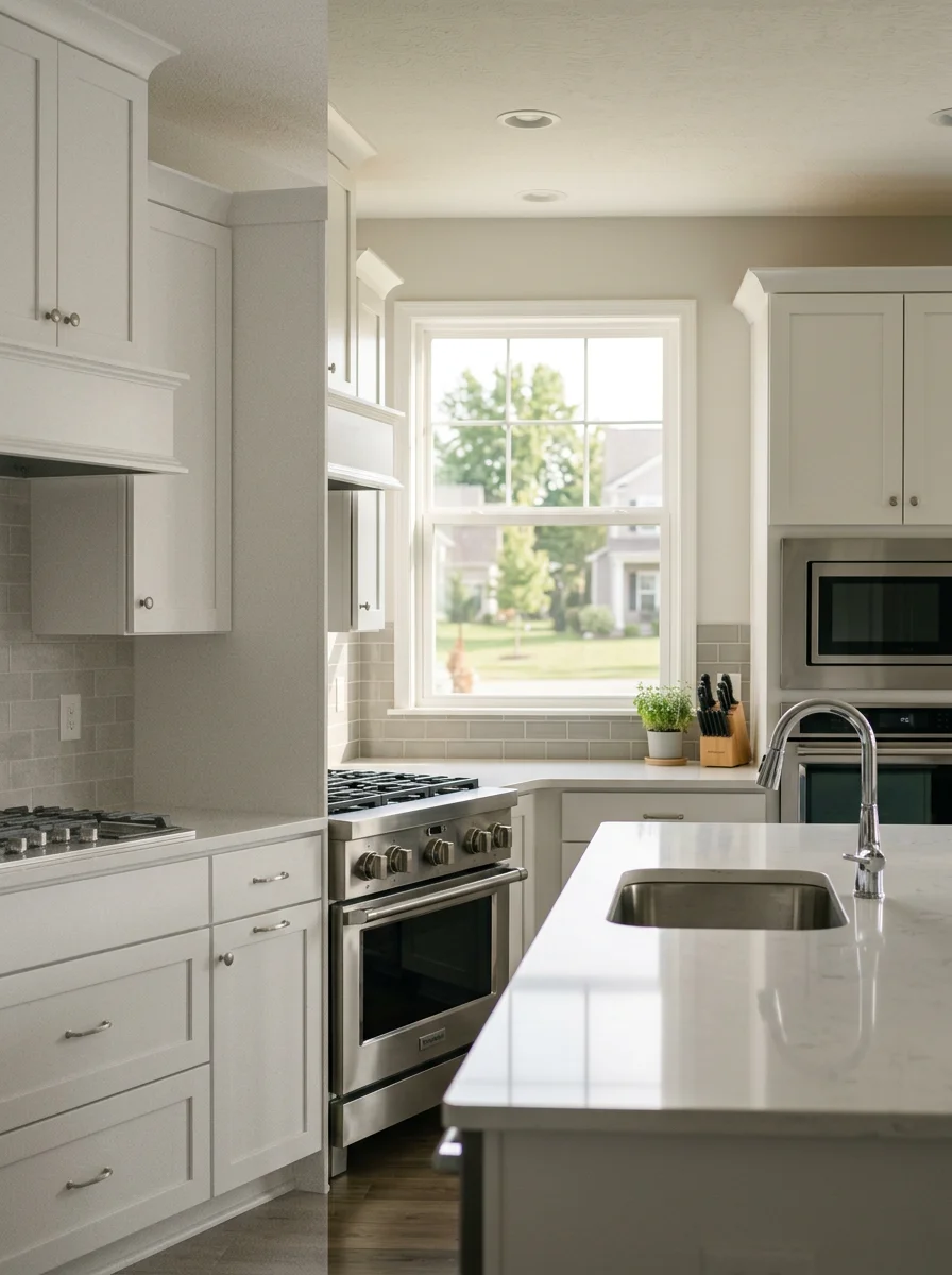 Modern open-concept kitchen in a new west Noblesville construction home with quartz countertops and clean stainless appliances.