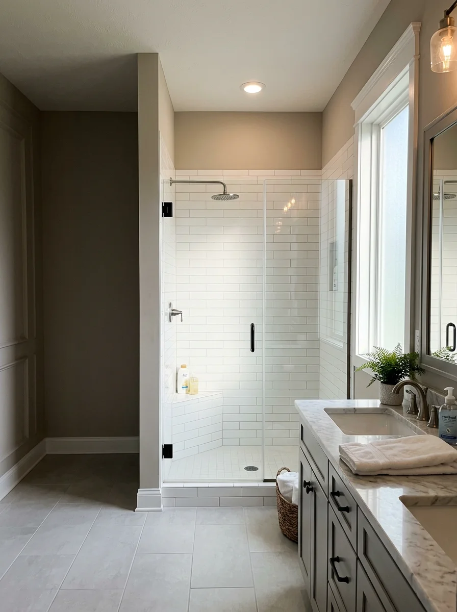 Large tiled master bathroom in a Westfield Indiana HOA community home with a walk-in shower and clean double vanity.