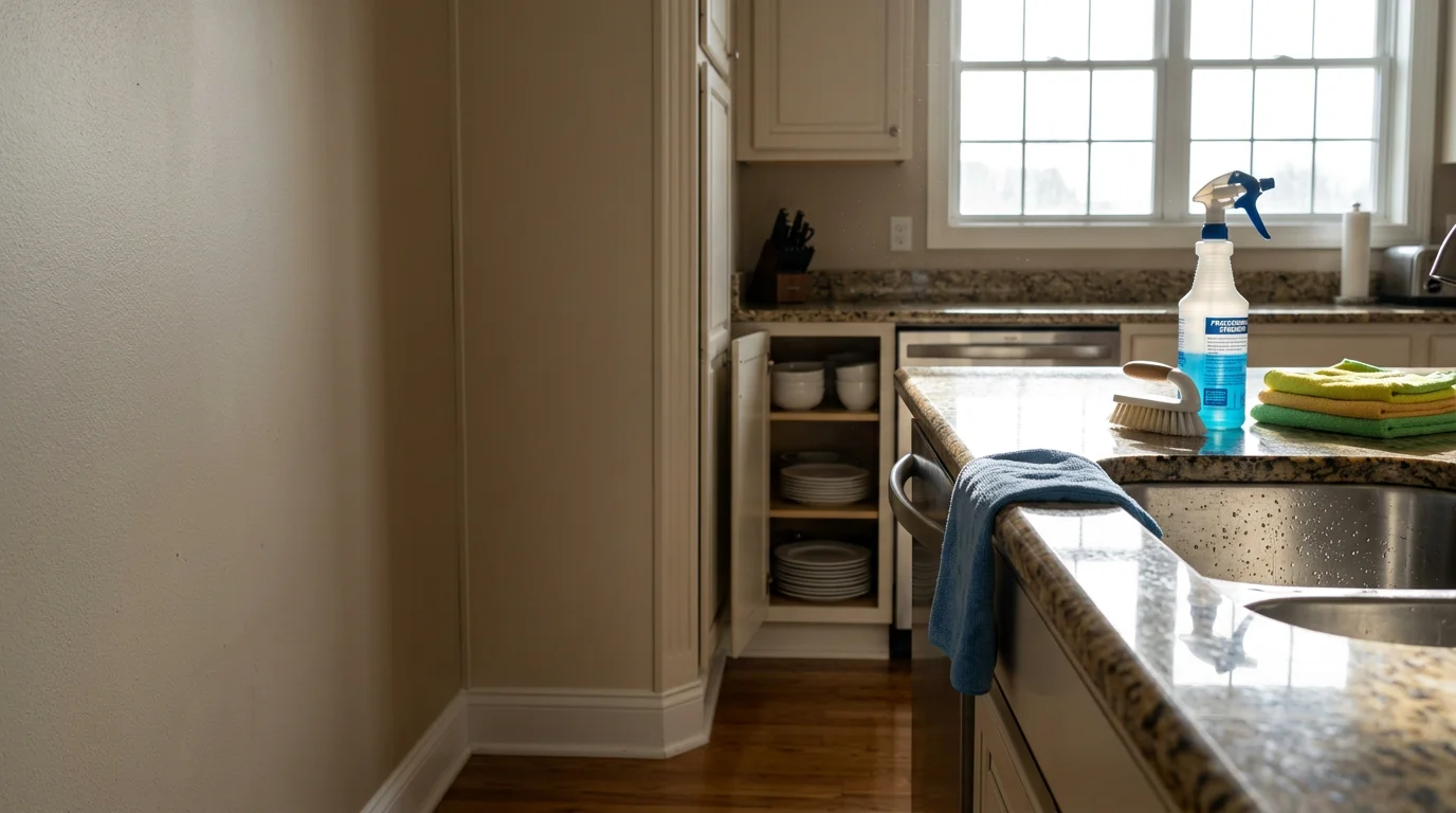 A clean kitchen in an Indianapolis home after a professional deep cleaning, with scrubbed appliances, spotless countertops, and polished fixtures. A bathroom in the background shows clean grout lines and streak-free surfaces.