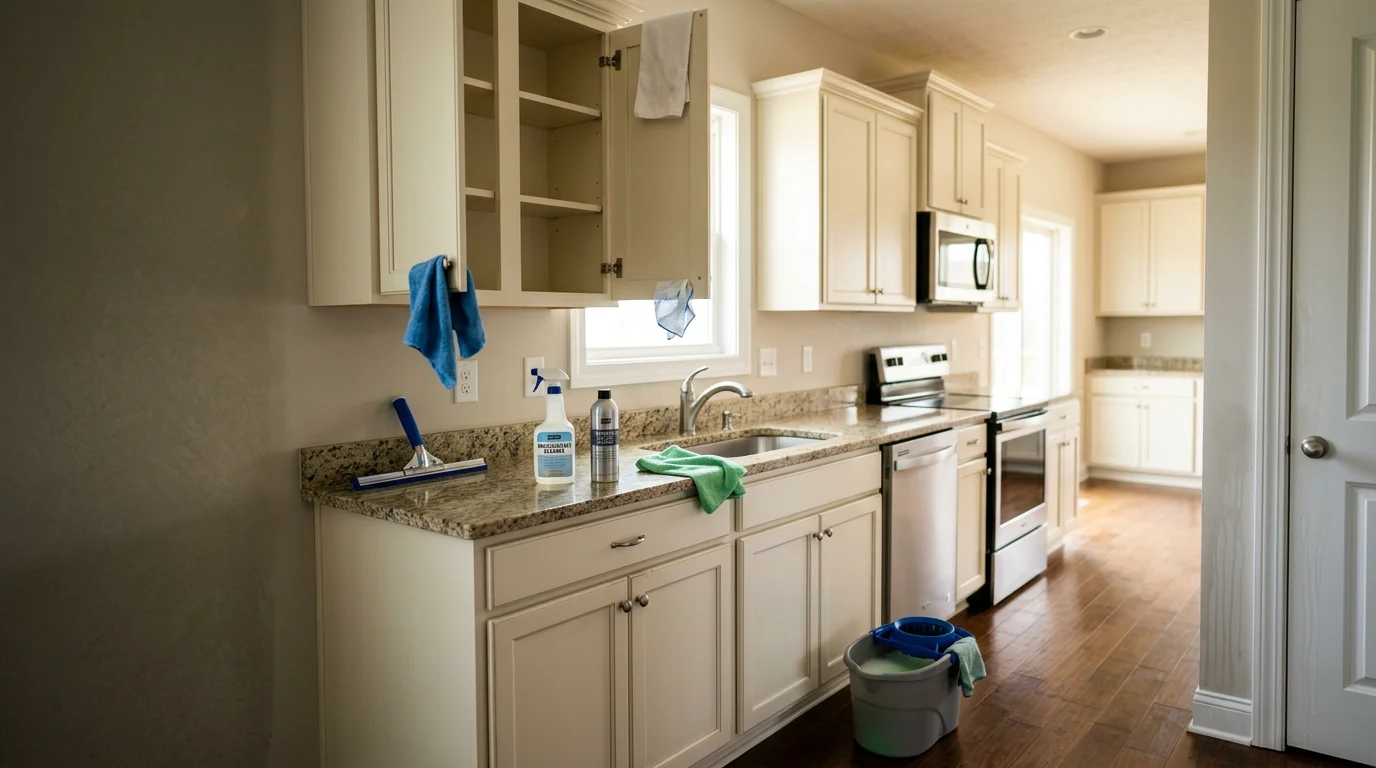 A spotless empty kitchen in an Indianapolis home after a professional move-in cleaning, with clean cabinet interiors, scrubbed countertops, and polished floors visible throughout the room.