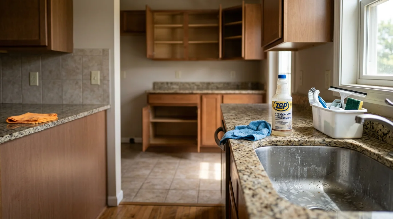 An empty Indianapolis rental kitchen with clean countertops, scrubbed stovetop, and wiped cabinet fronts after a professional move-out cleaning service. Bright natural light shows no residue on the faucet or sink basin.