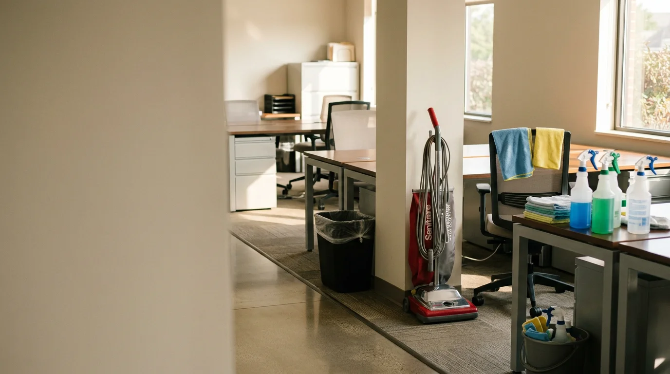 A clean, organized office workspace in Indianapolis with wiped-down desks, vacuumed floors, and a tidy breakroom area. Professional office cleaning result in a commercial suite in the Indianapolis metro area.