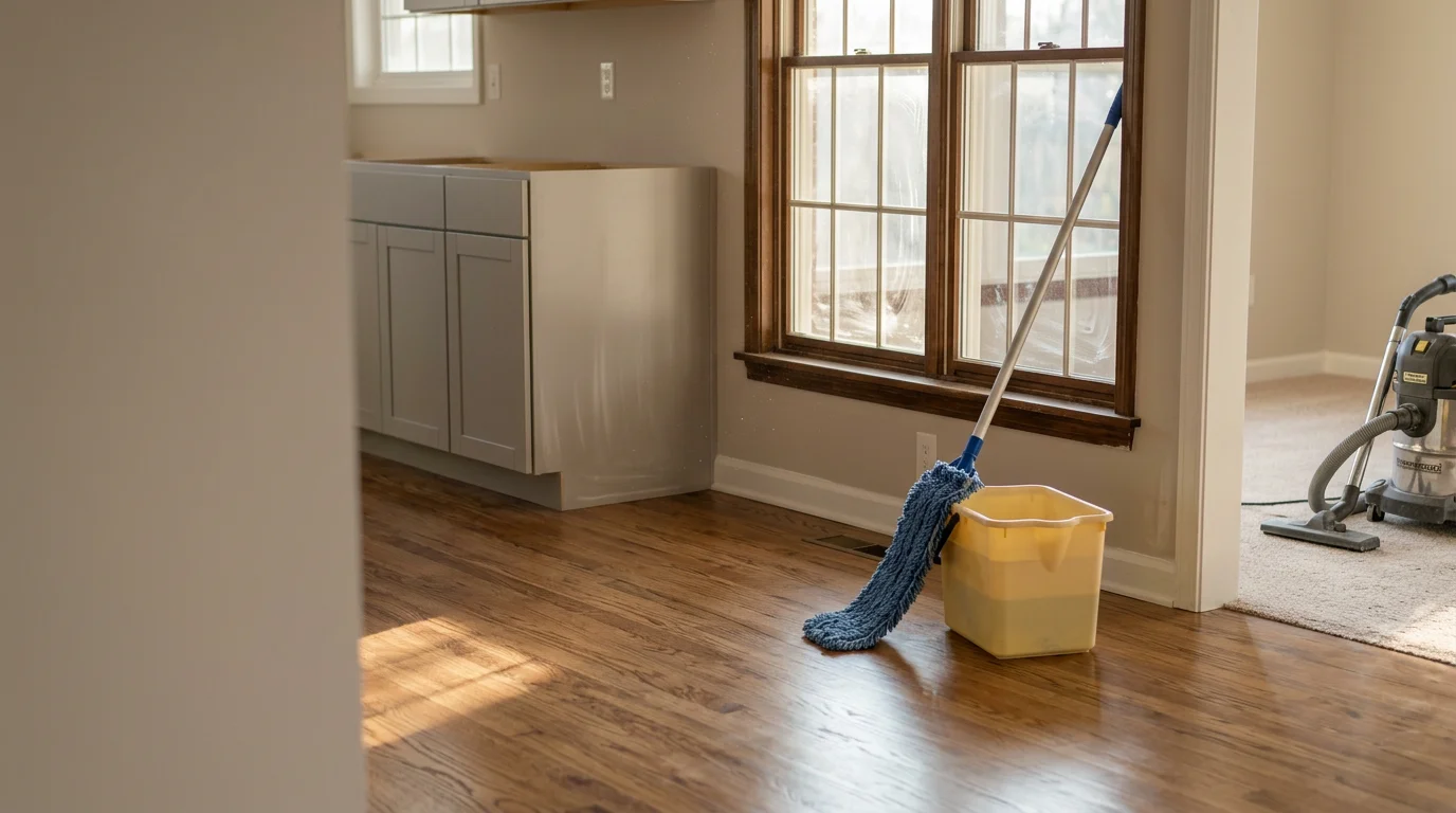 A freshly cleaned open-plan living area in a newly built Indianapolis home, with dust-free baseboards, streak-free windows, and polished hard floors after post-construction cleaning.