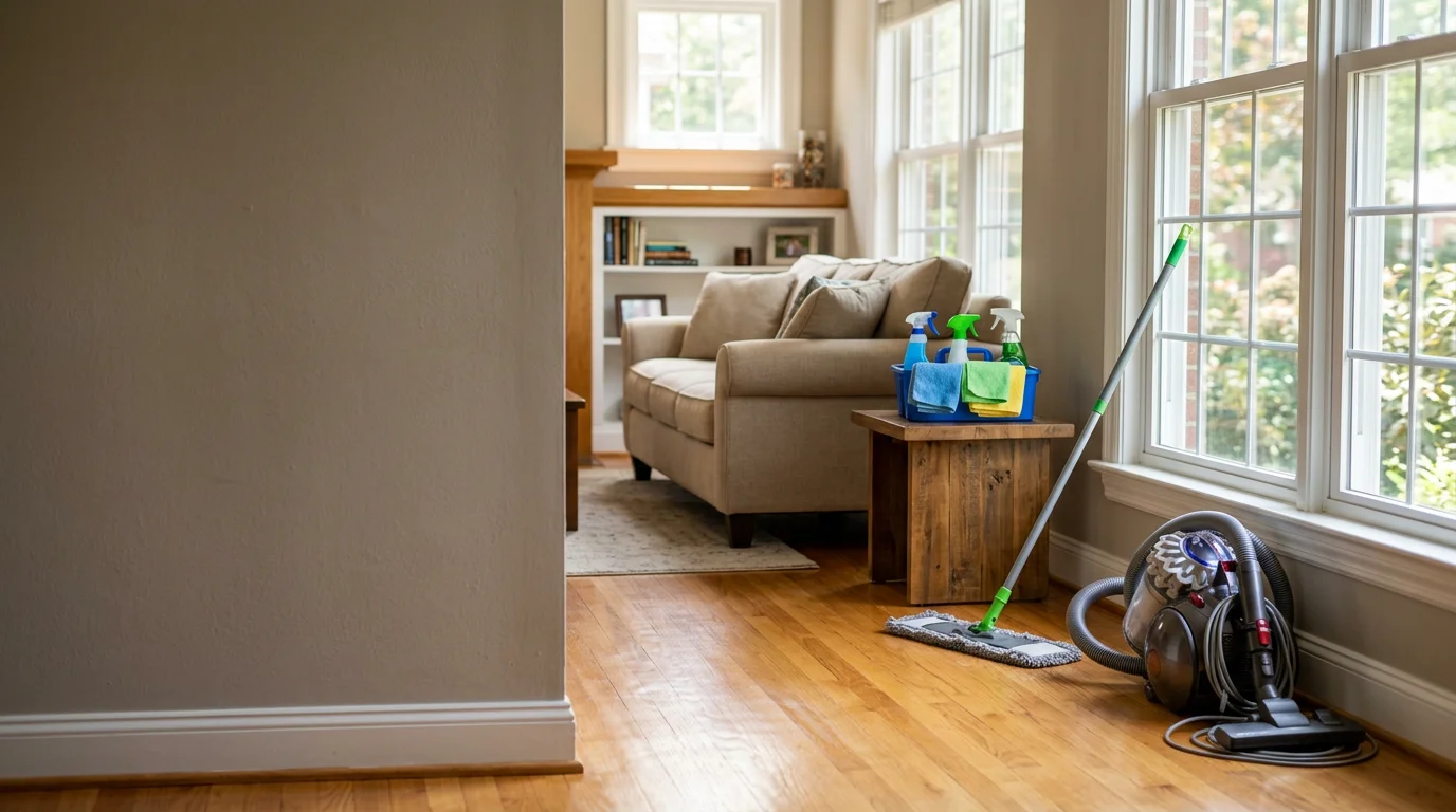 A clean, bright kitchen in an Indianapolis single-family home after a weekly house cleaning visit, with wiped countertops, a mopped floor, and no clutter on surfaces.